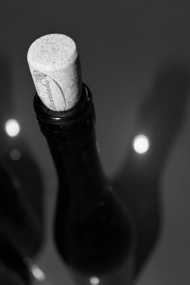Corked wine bottle in black and white, deep shadows
